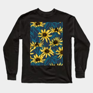 Yellow Rudbekia on navy Long Sleeve T-Shirt